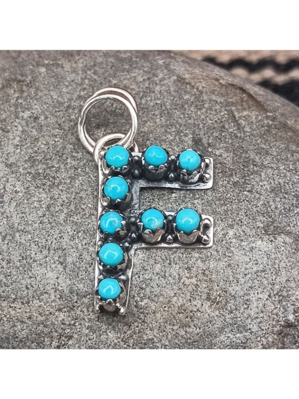 Handmade Southwest Letter F Pendant Sterling Silver Snake Eye Turquoise 1 1/8" - Picture 2 of 4